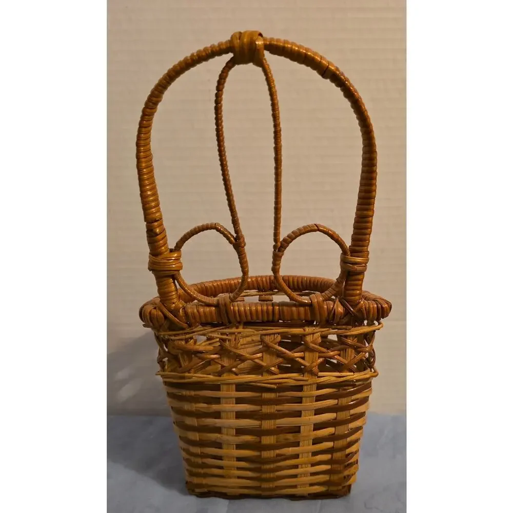 Vintage Wicker Basket Tall Handle Decorative Rattan Boho Cottagecore 10